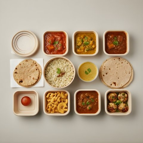 8 OZ 4 Sabji,  2- Bajri Rotla, 4 Chapati,  1 Sweet, 1 Farsan, 1 Chat,  24 OZ Khichdi, 16 OZ Kadhi