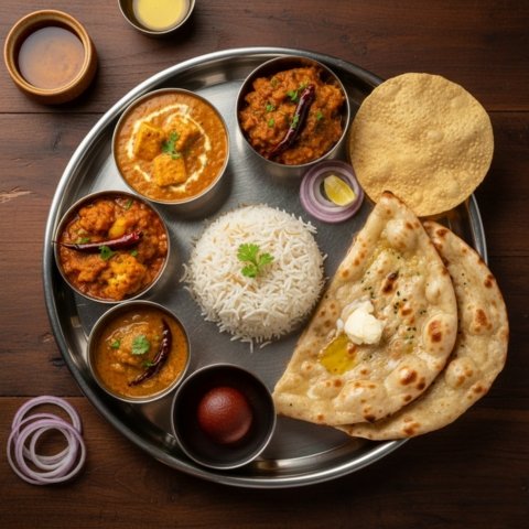 2 Sabji, Dal-Jeera Rice, 2 Naan / 2 Paratha / 4 Chapati, Sweet, Papad