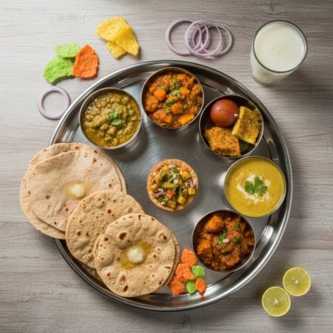 1 Sweet, 1 Farshan, 1 Chart, 4 Sabji, Bajri Rotla, Chapati, Khichdi-Kadhi, Chaas, Fryms