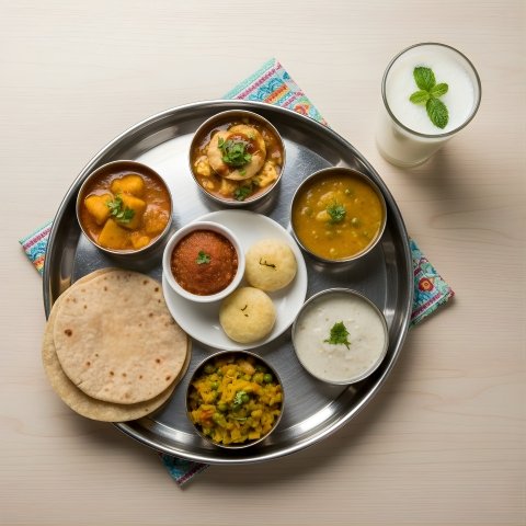 1 Sweet, 1 Farshan, 1 Chat, 4 Sabji, Barjri Rotla, Chapati, Khichdi-Kadhi, Chaas